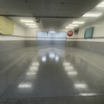 large garage with epoxy flooring