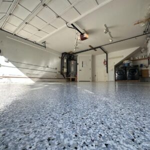 Close up angle of granite epoxy garage floor