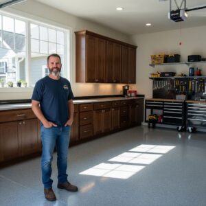 A homeowner smiling proudly in their newly renovated garage with epoxy flooring and cabinets
