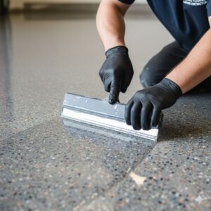 A sleek, modern garage with a perfectly smooth, glossy light-gray epoxy floor and clean white walls.