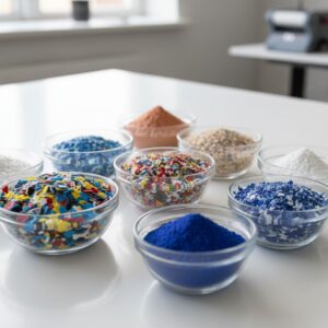 A collection of various color chips and powder pigments used for customizable epoxy floor coatings.
