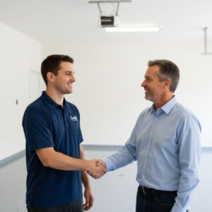A garage technician smiling and shaking hands with a satisfied customer in a newly finished garage.