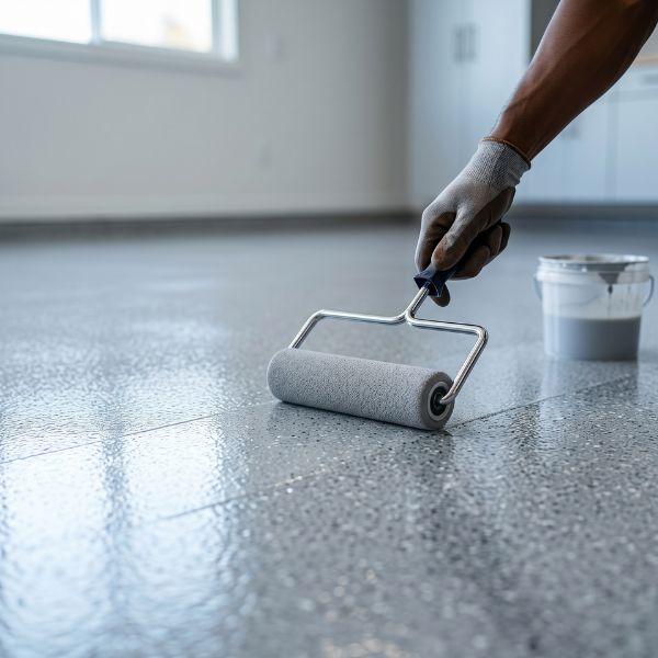 man installing epoxy flooring