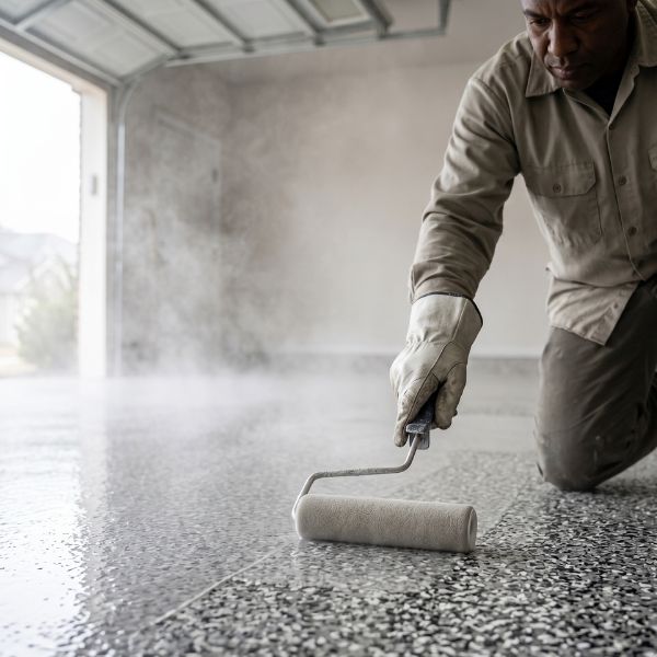 man applying garage floor coating