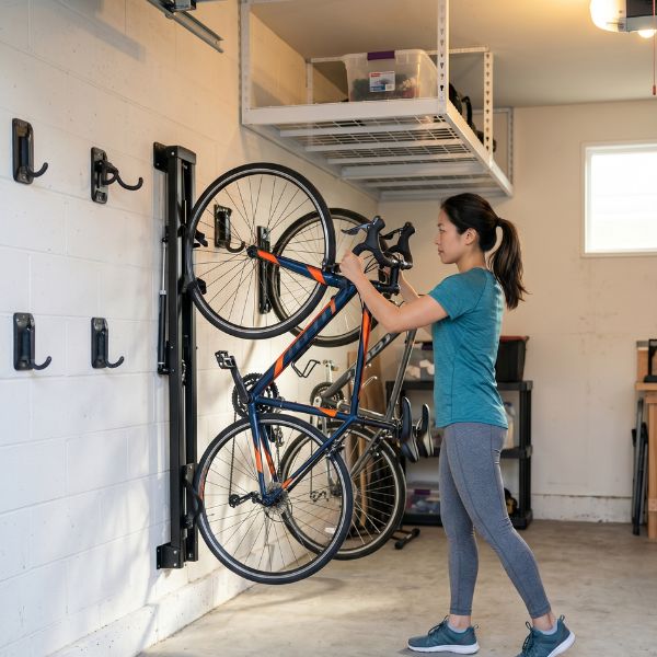 woman storing bikes in garage