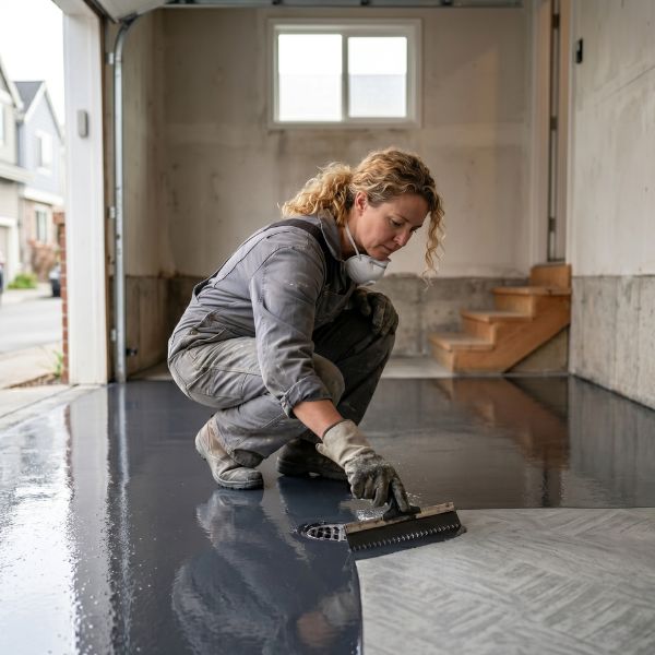 woman applying epoxy flooring in garage